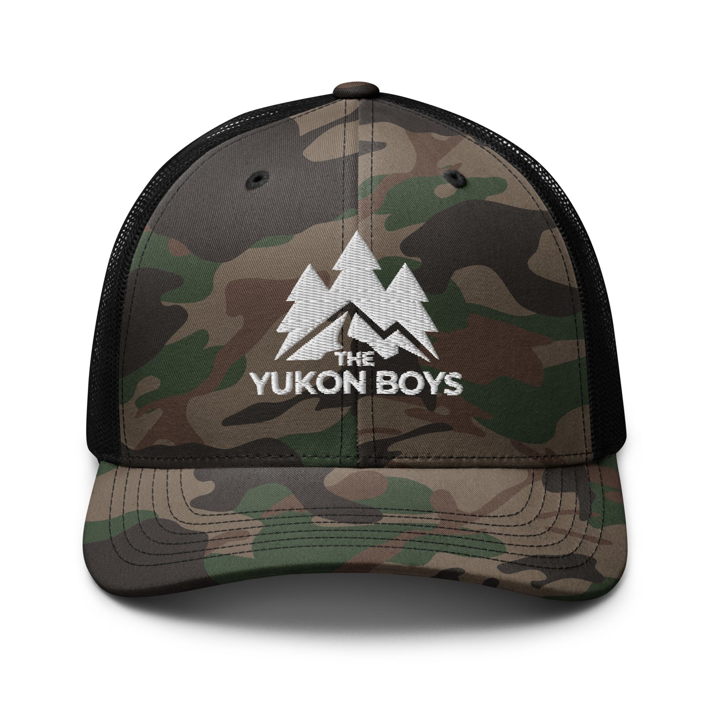 The Yukon Boys Camo Trucker Cap in Camo Black, front view