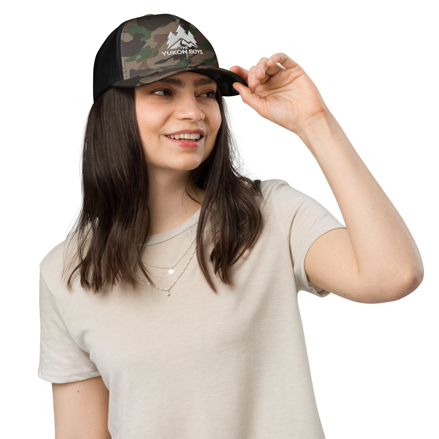 The Yukon Boys Camo Trucker Cap in Camo Black, front view 3
