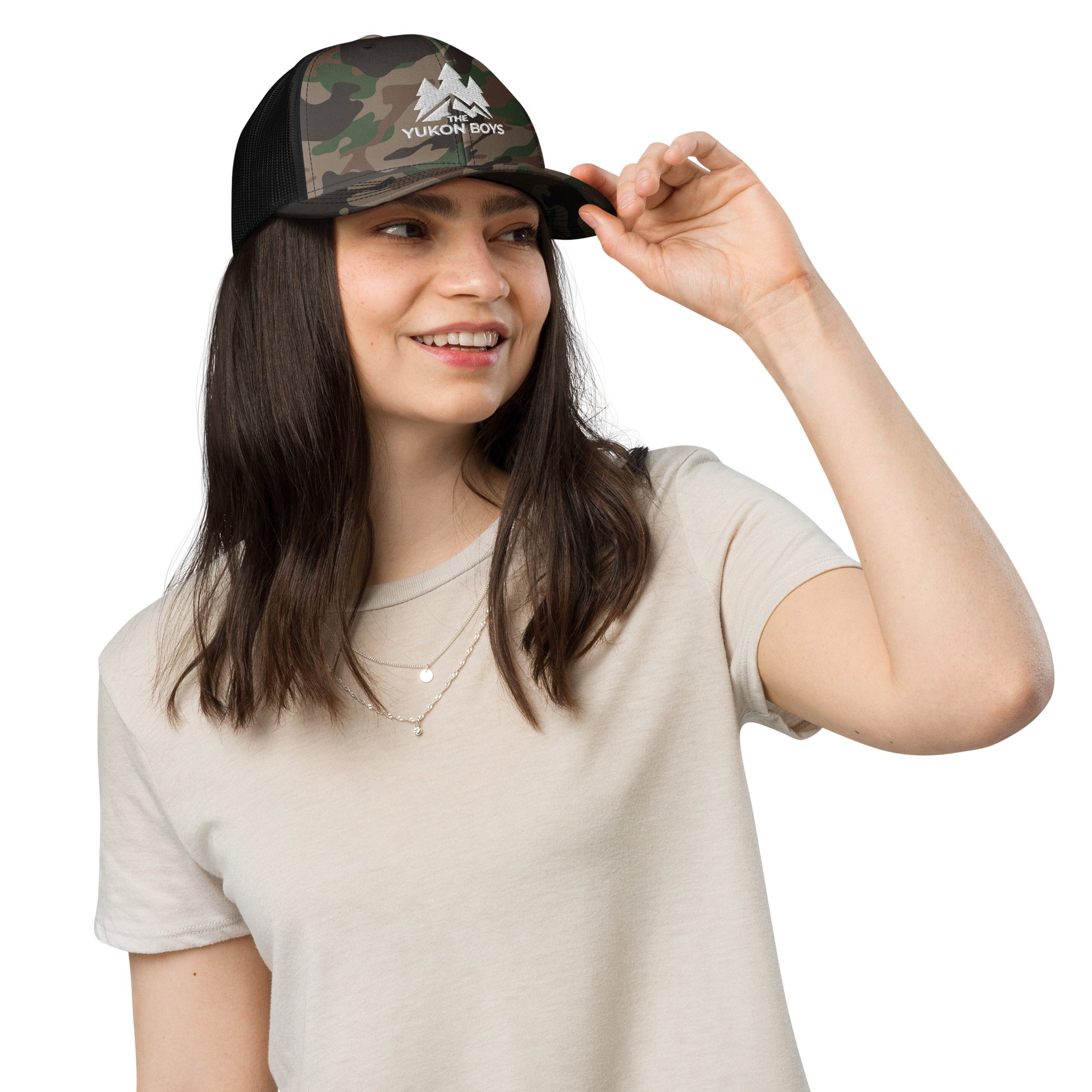 The Yukon Boys Camo Trucker Cap in Camo Black, front view 3