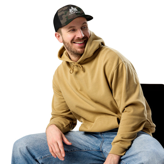 The Yukon Boys Camo Trucker Cap in Camo Black, front view 2