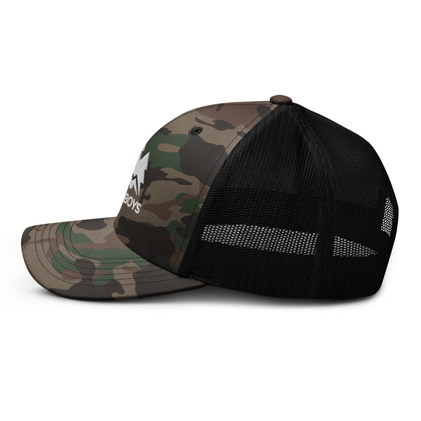 The Yukon Boys Camo Trucker Cap in Camo Black, left side view 2