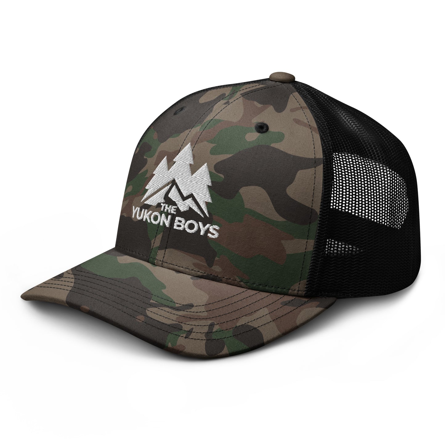 The Yukon Boys Camo Trucker Cap in Camo Black, left front view