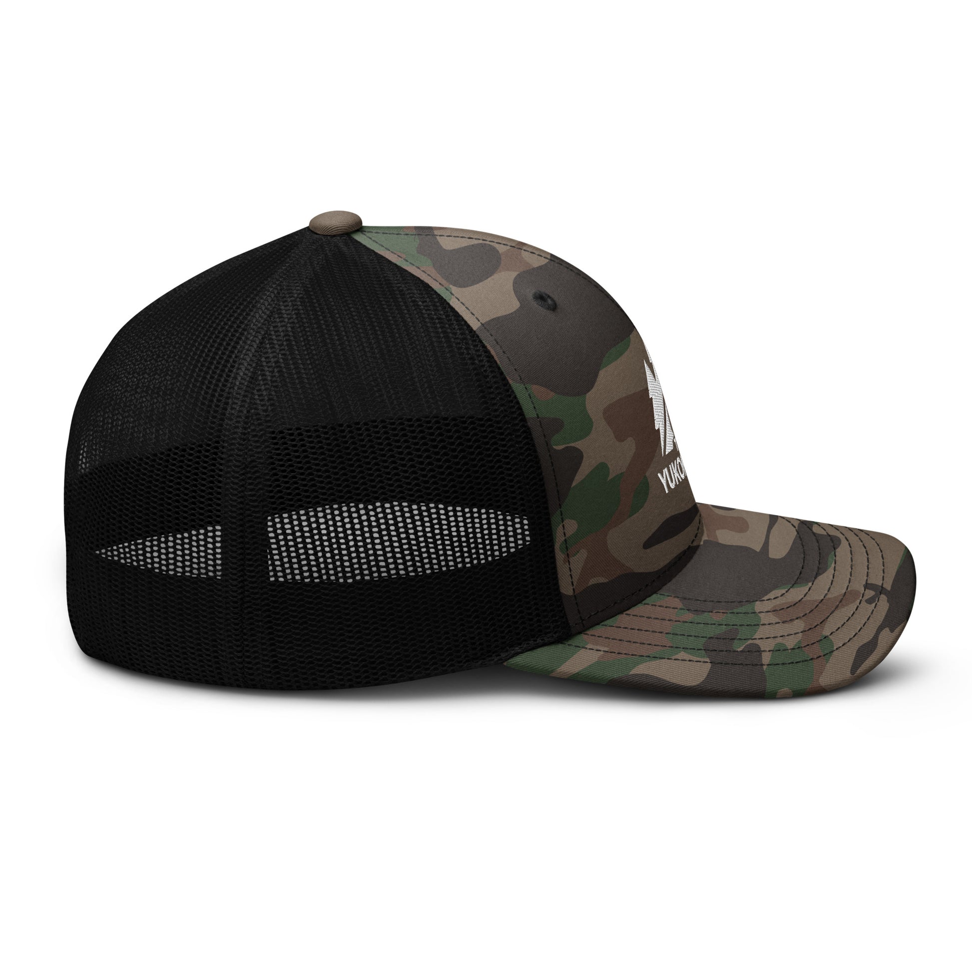 The Yukon Boys Camo Trucker Cap in Camo Black, right side view