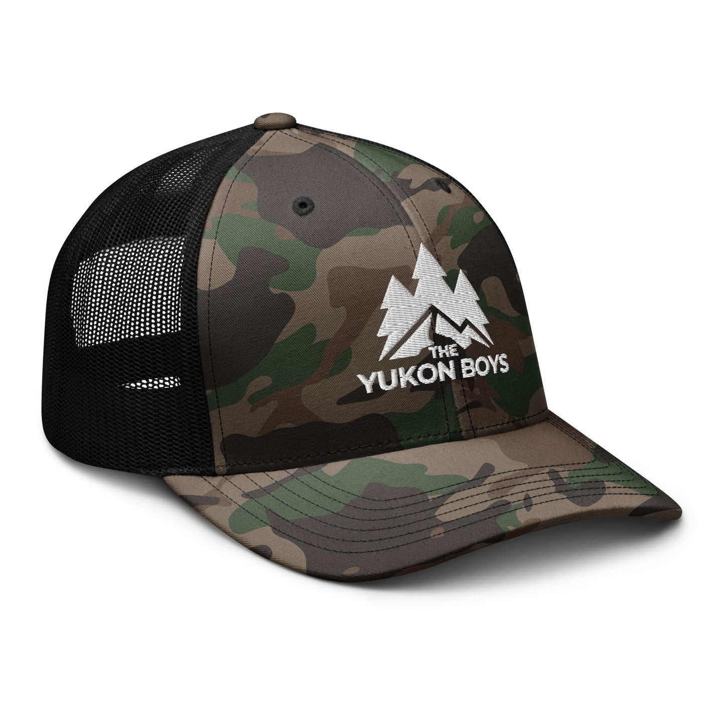 The Yukon Boys Camo Trucker Cap in Camo Black, right front view