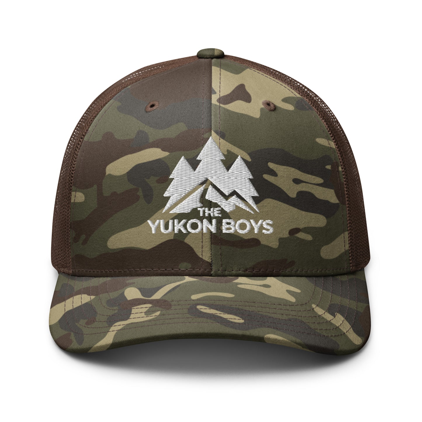 The Yukon Boys Camo Trucker Cap in Camo Brown, front view 3