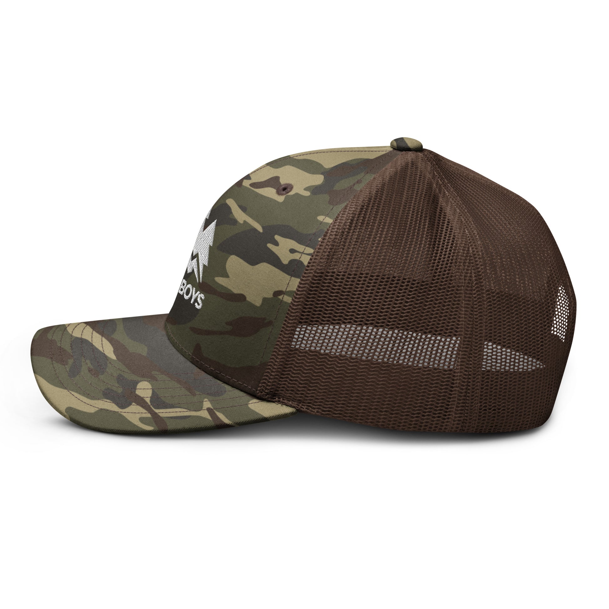 The Yukon Boys Camo Trucker Cap in Camo Brown, left side view 2