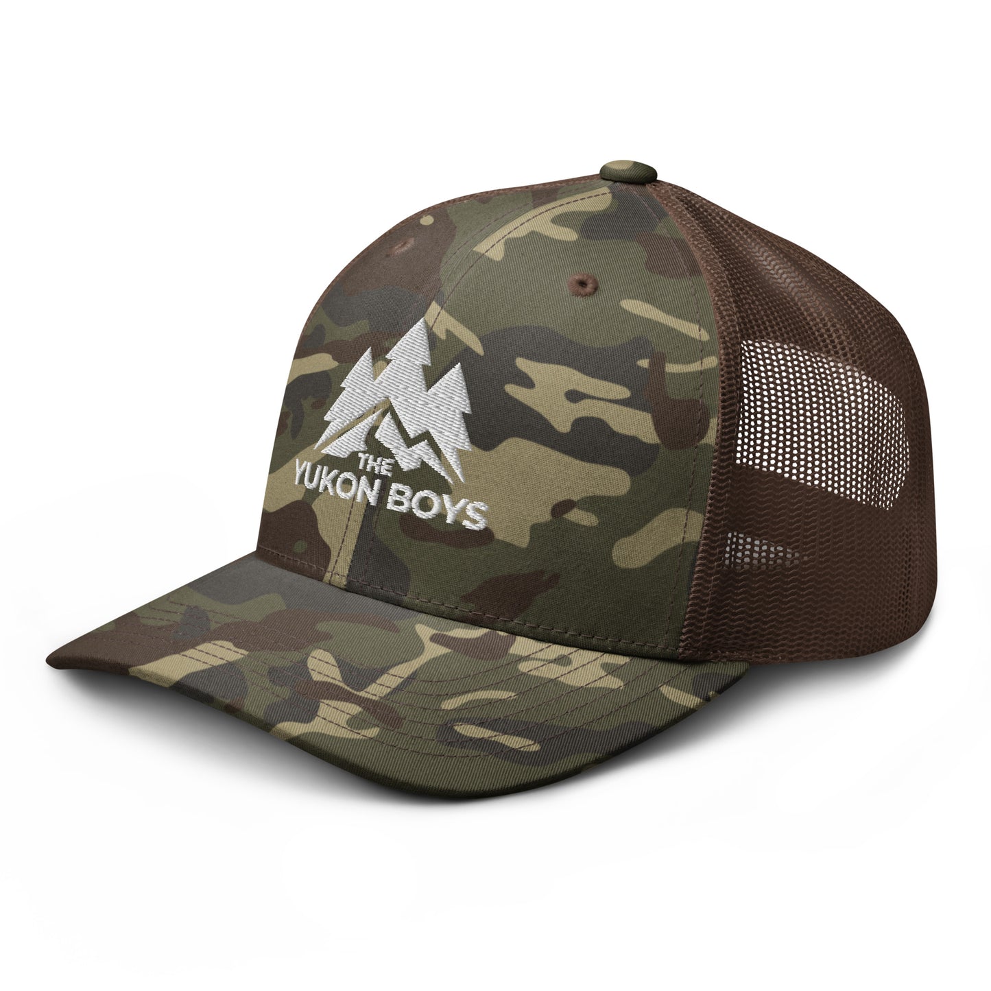 The Yukon Boys Camo Trucker Cap in Camo Brown, left front view