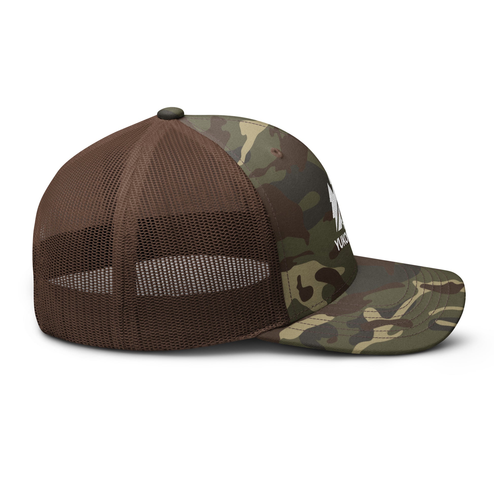 The Yukon Boys Camo Trucker Cap in Camo Brown, right side view