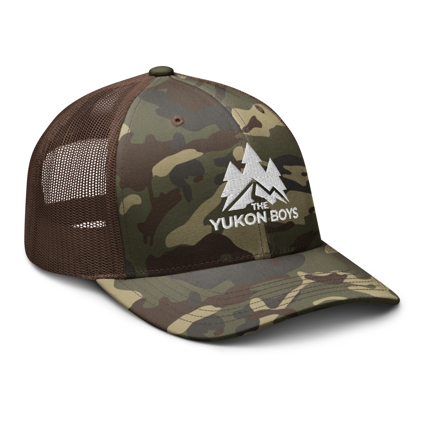 The Yukon Boys Camo Trucker Cap in Camo Brown, right front view