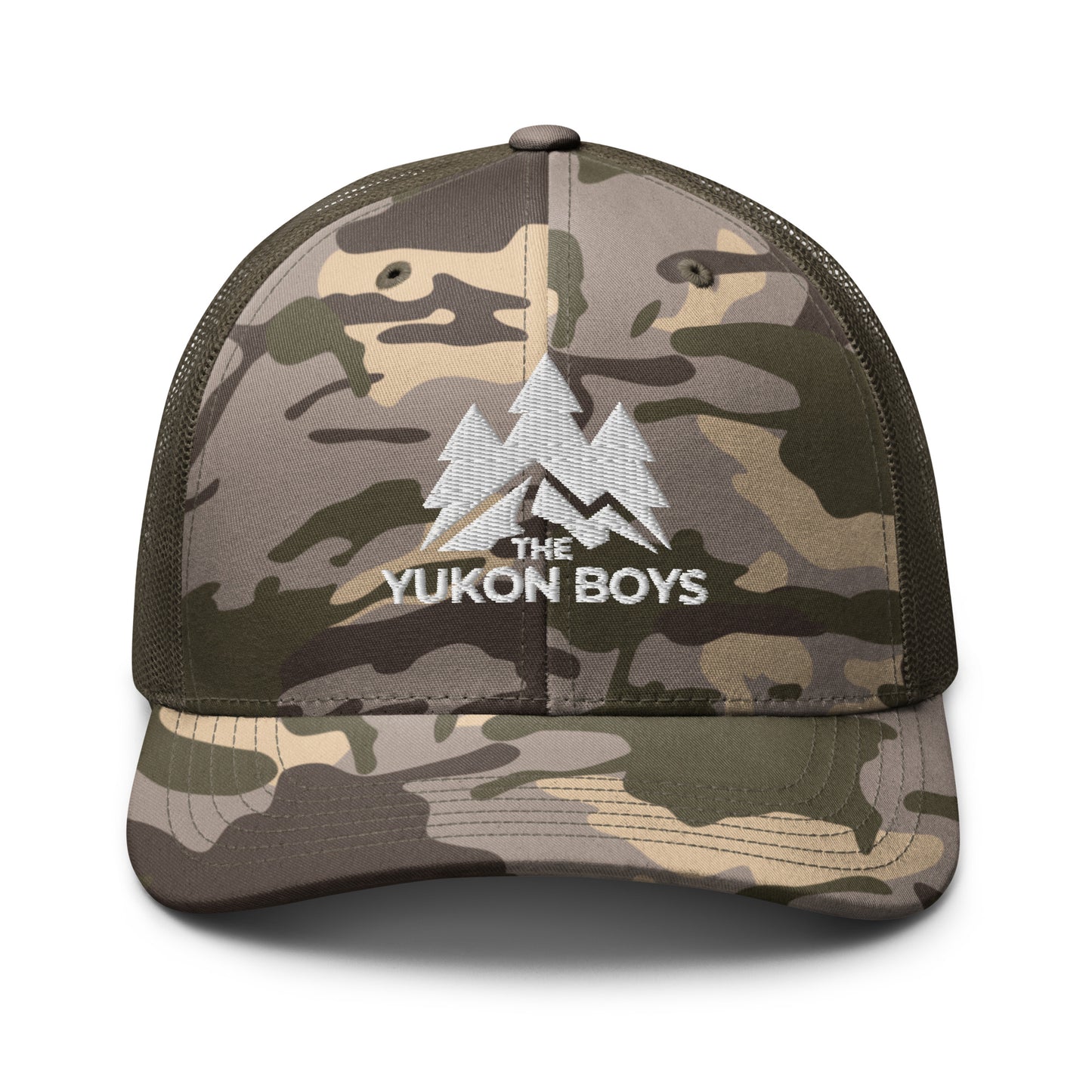 The Yukon Boys Camo Trucker Cap in Camo Olive, front view 3
