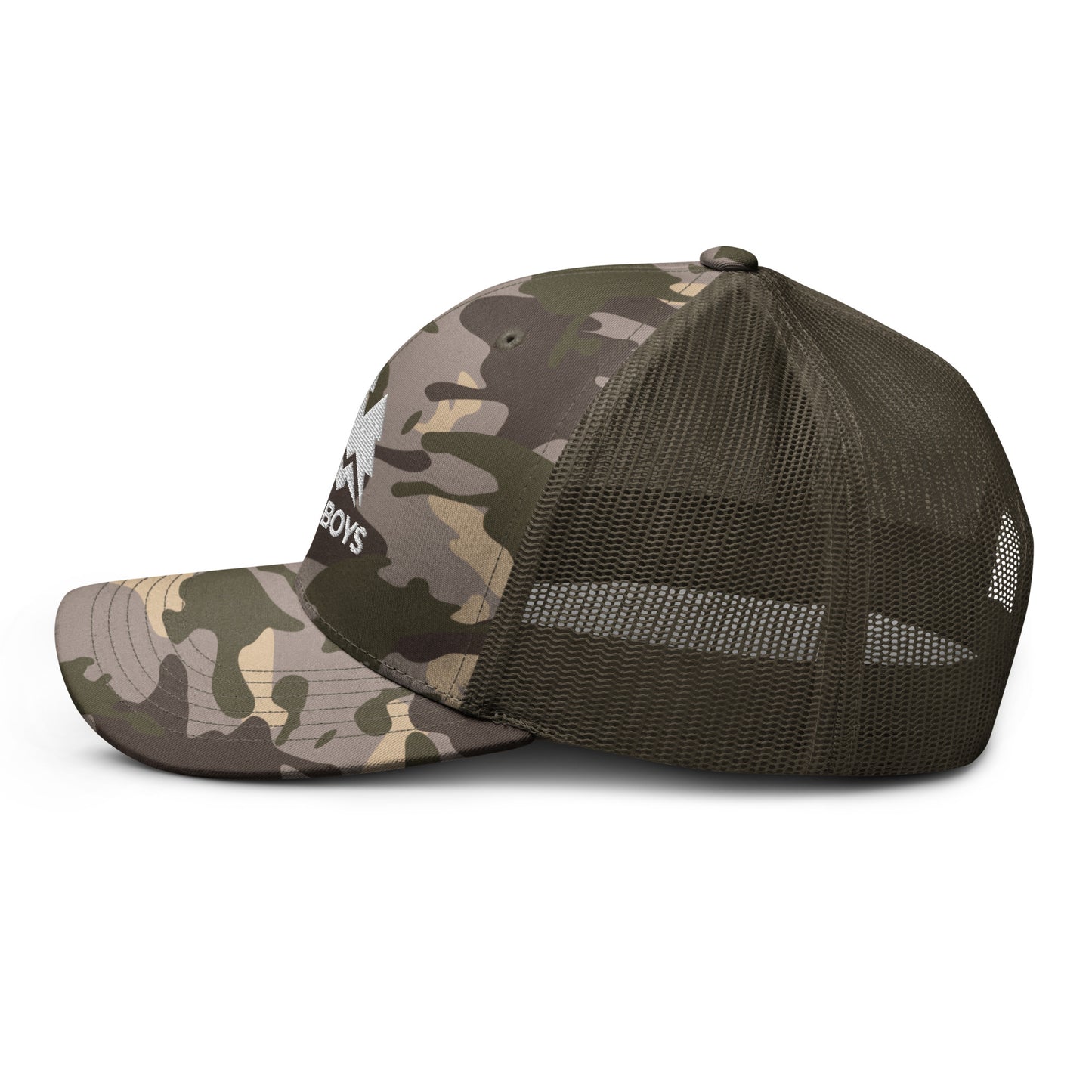 The Yukon Boys Camo Trucker Cap in Camo Olive, left side view 2
