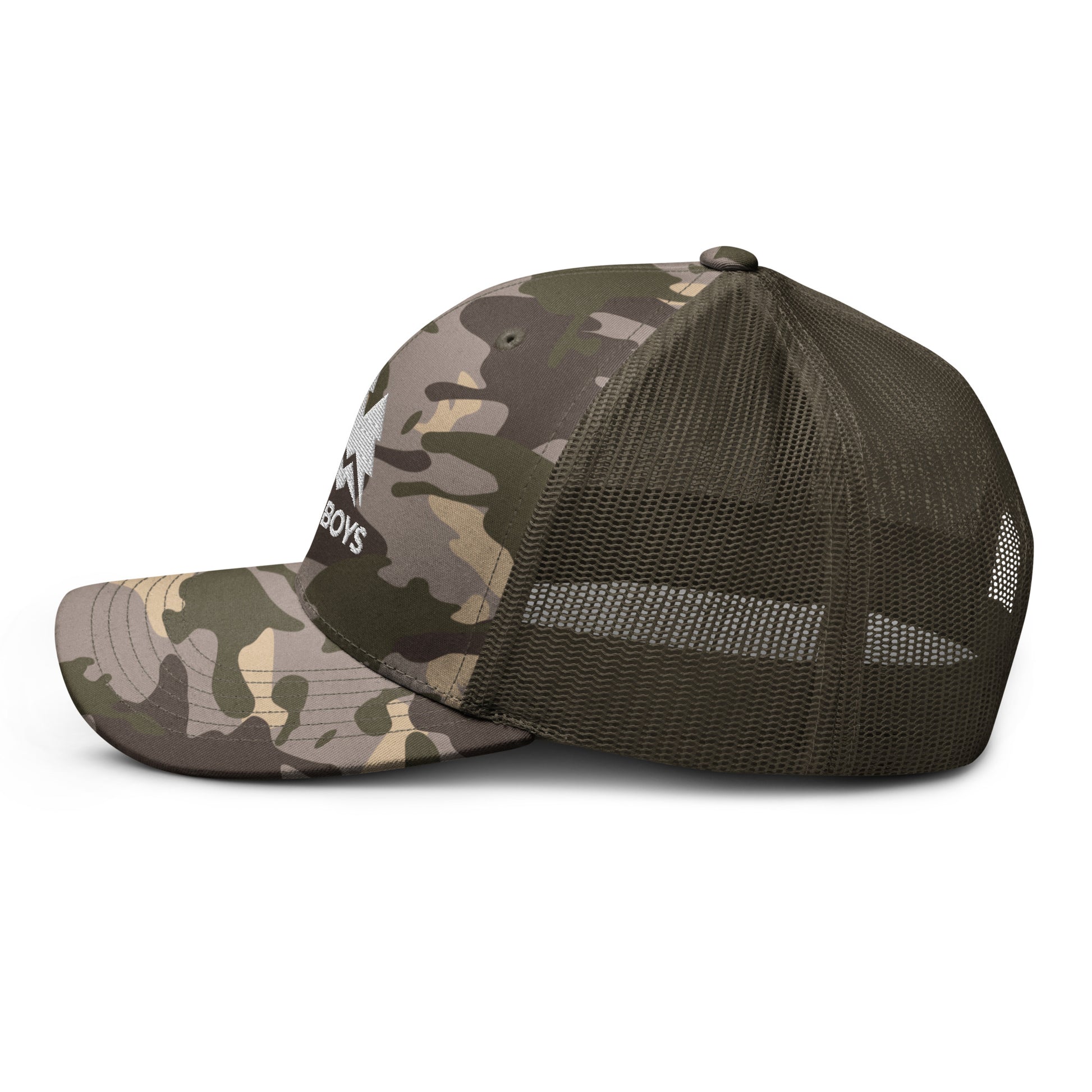 The Yukon Boys Camo Trucker Cap in Camo Olive, left side view 2