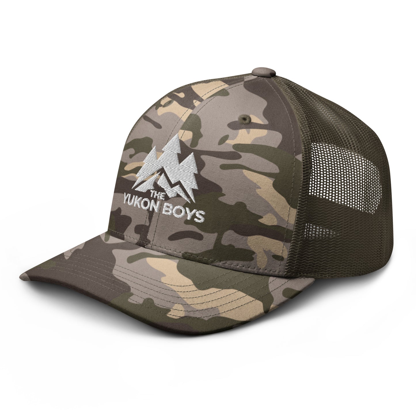 The Yukon Boys Camo Trucker Cap in Camo Olive, left front view