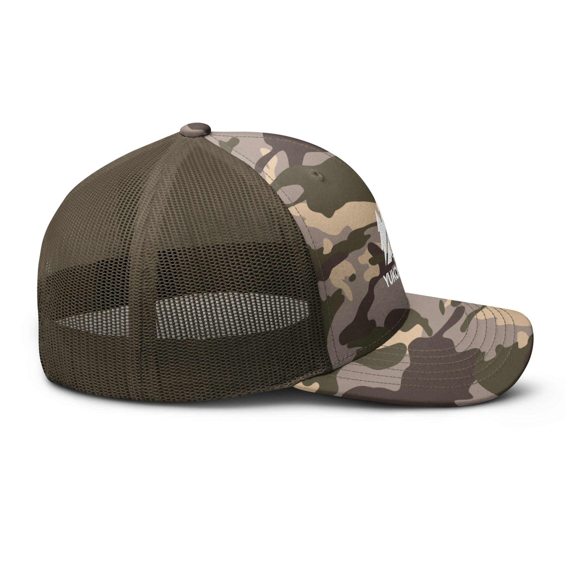 The Yukon Boys Camo Trucker Cap in Camo Olive, right side view