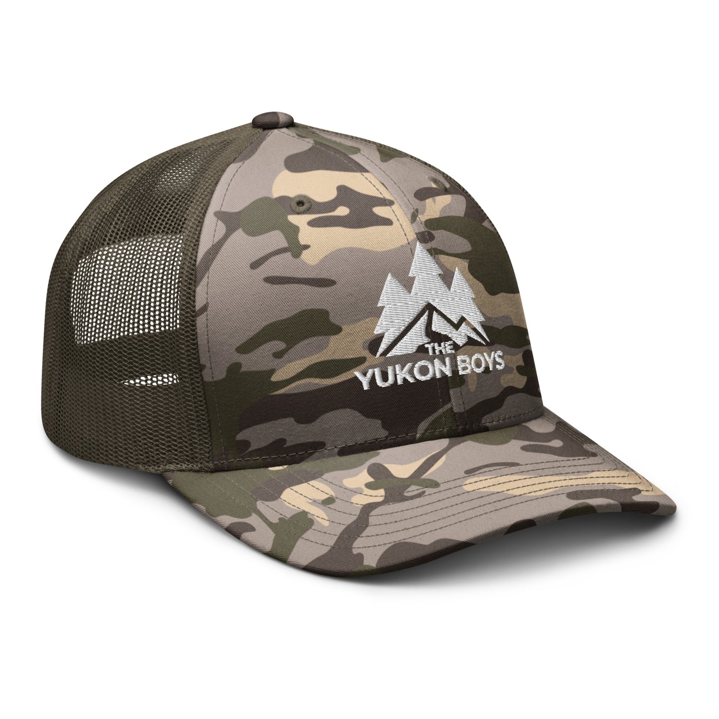 The Yukon Boys Camo Trucker Cap in Camo Olive, right front view