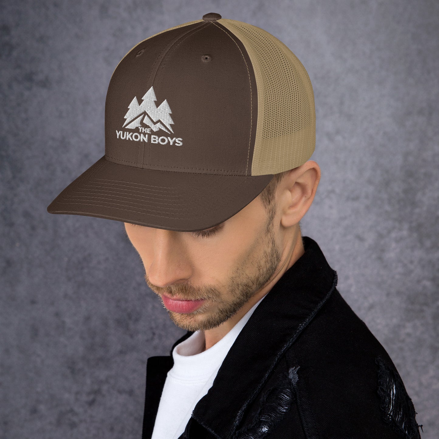 The Yukon Boys Trucker Cap in Brown Khaki, left side view