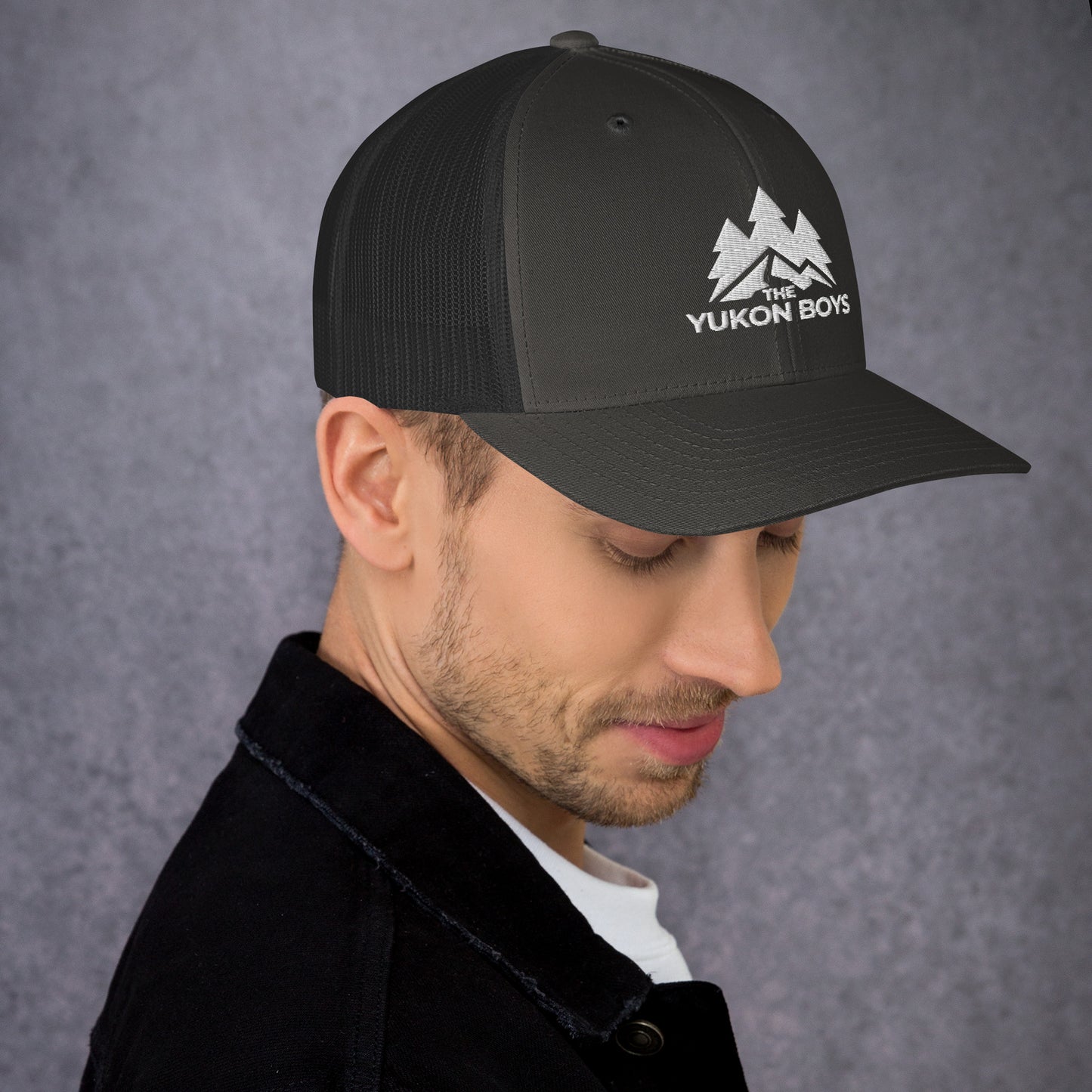 The Yukon Boys Trucker Cap in Charcoal, right side view