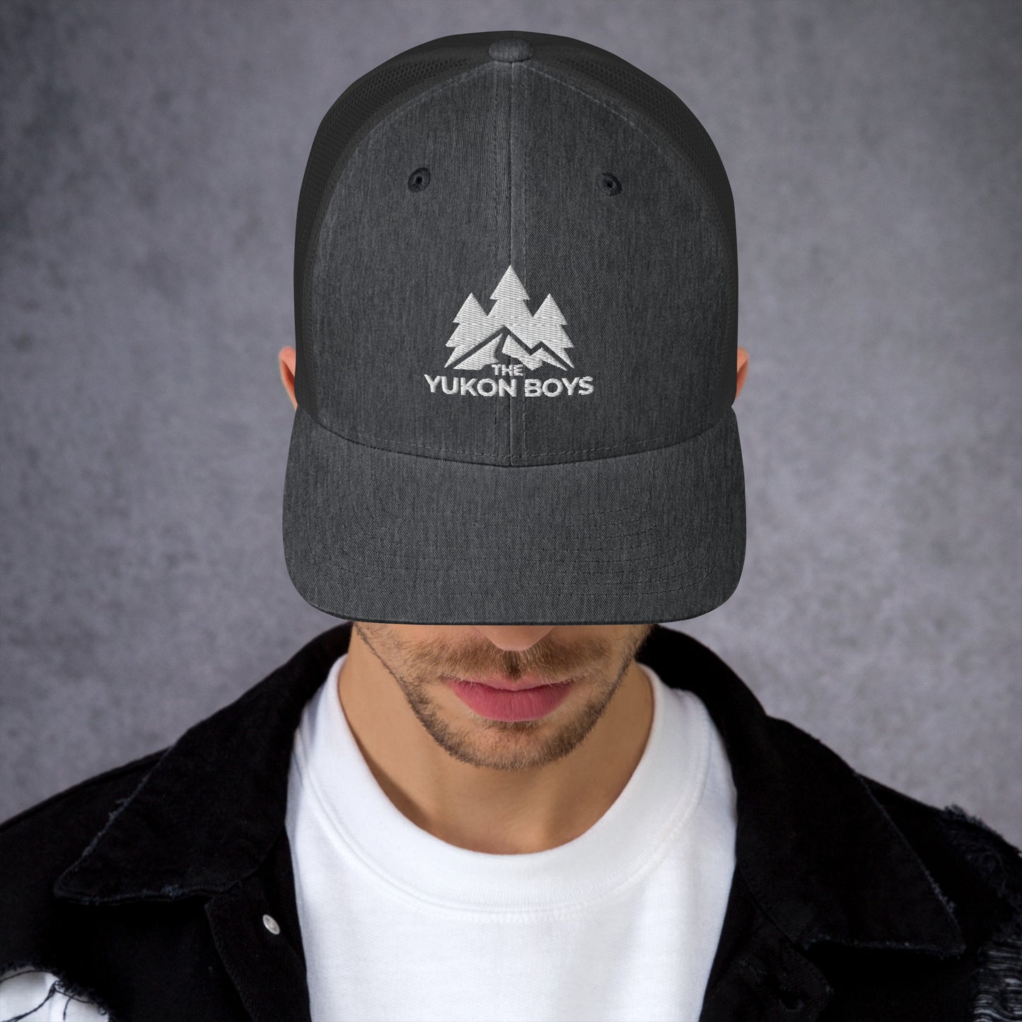 The Yukon Boys Trucker Cap in Dark Heather Gray, front view