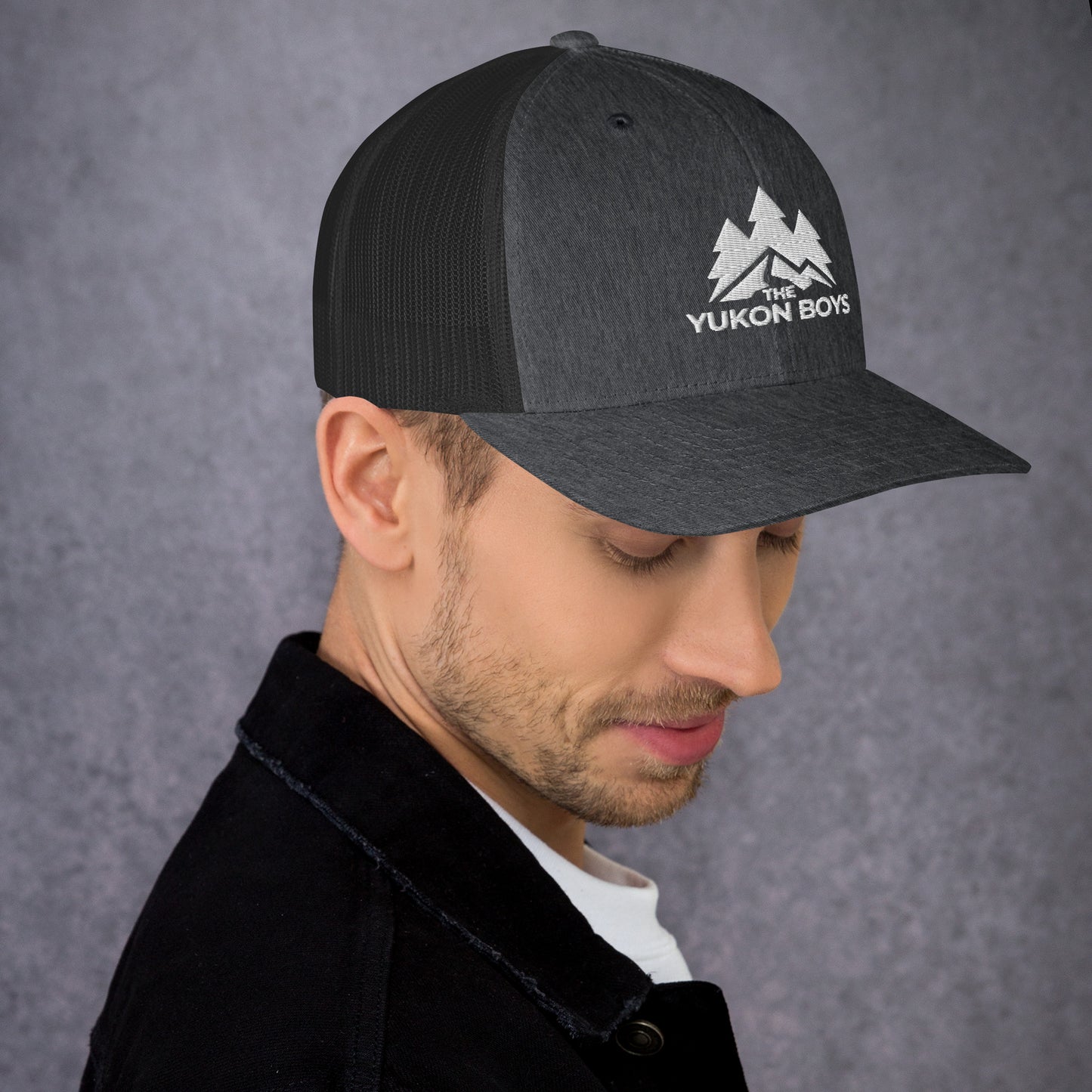 The Yukon Boys Trucker Cap in Dark Heather Gray, right side view