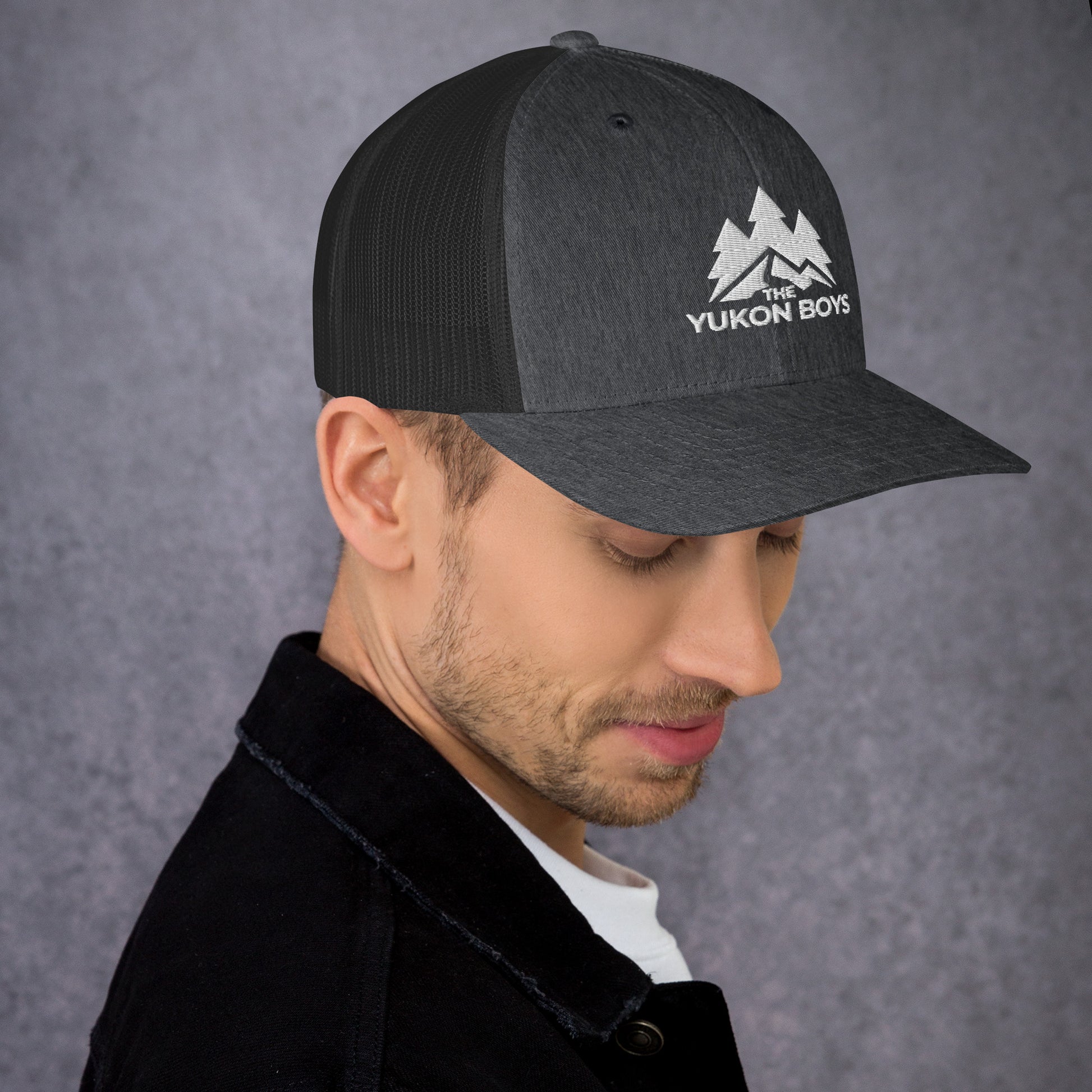 The Yukon Boys Trucker Cap in Dark Heather Gray, right side view