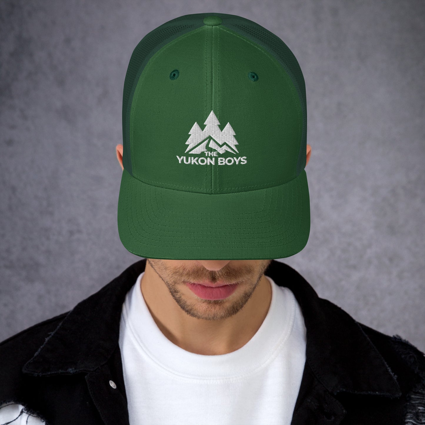 The Yukon Boys Trucker Cap in Evergreen, front view