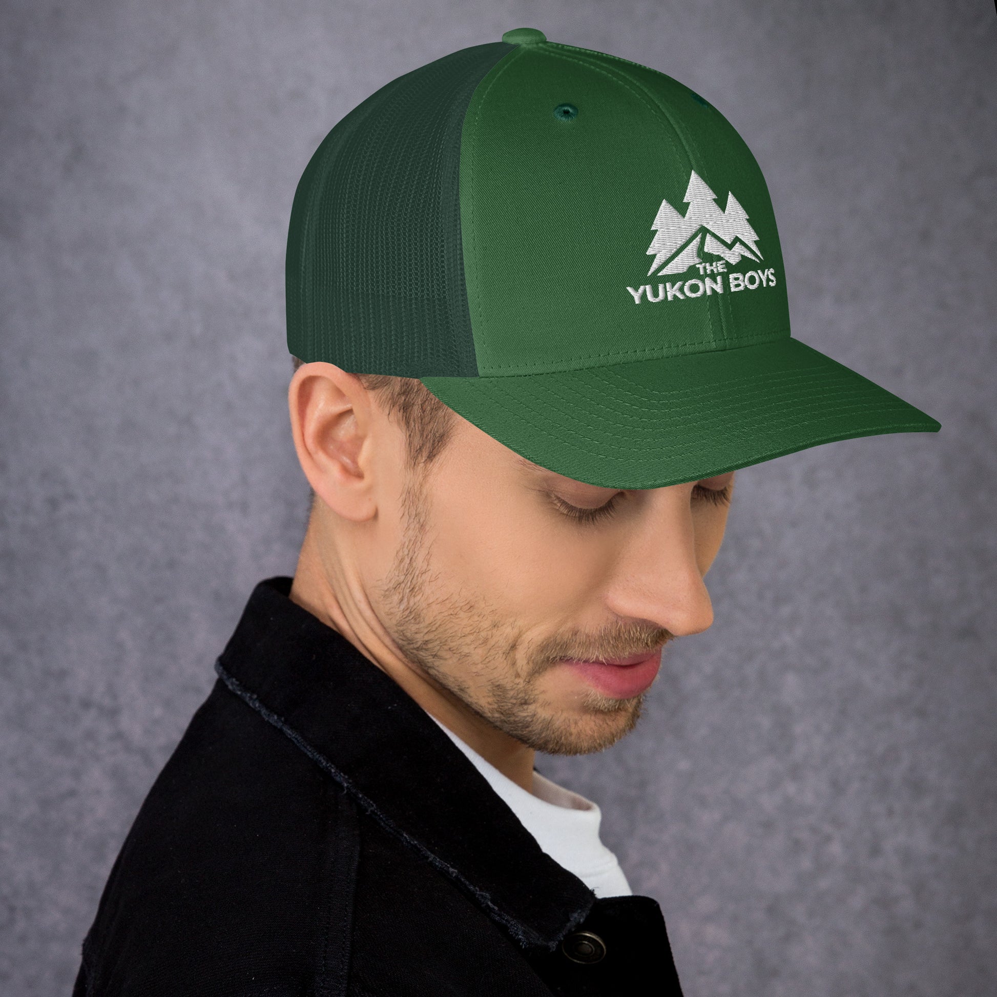 The Yukon Boys Trucker Cap in Evergreen, right side view
