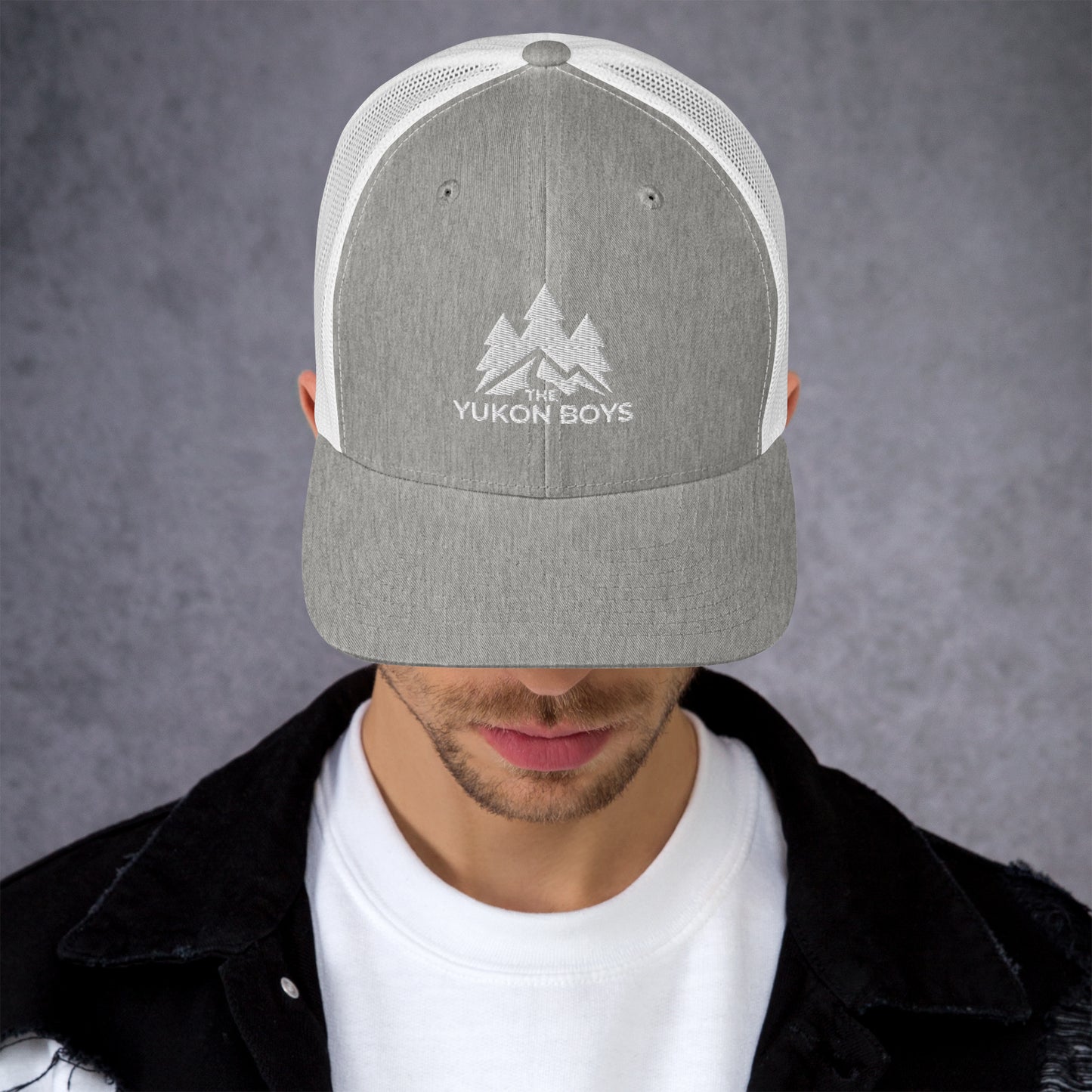 The Yukon Boys Trucker Cap in Heather Grey White, front view