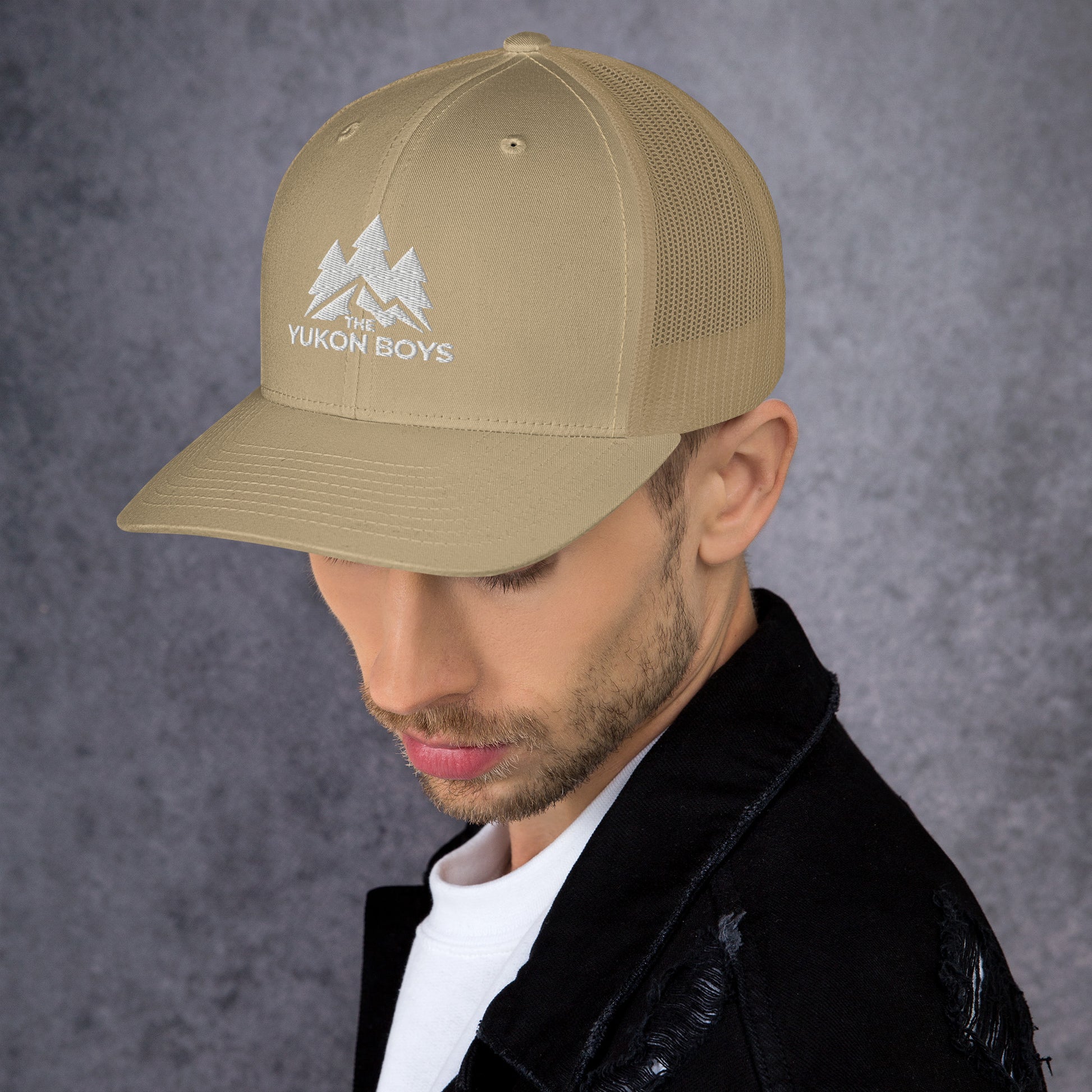 The Yukon Boys Trucker Cap in Khaki, left side view