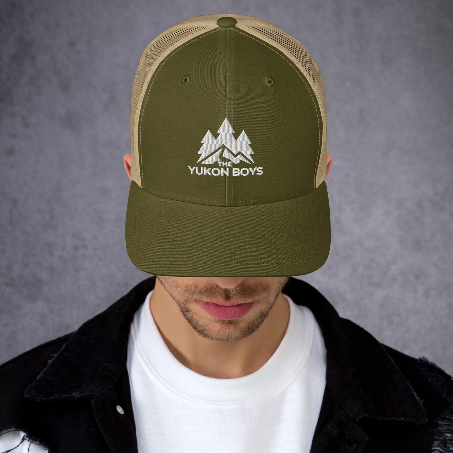 The Yukon Boys Trucker Cap in Moss Khaki, front view
