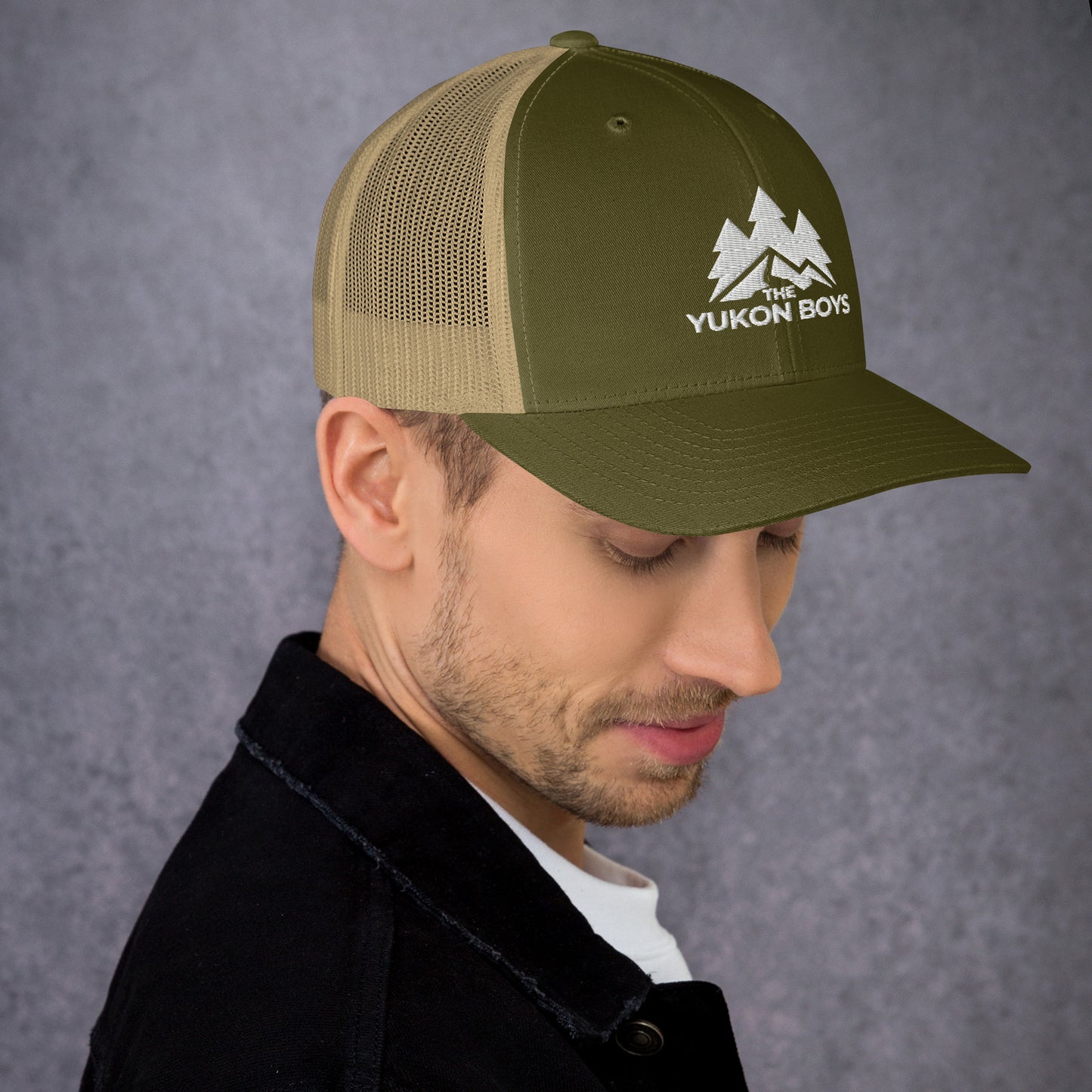 The Yukon Boys Trucker Cap in Moss Khaki, right side view