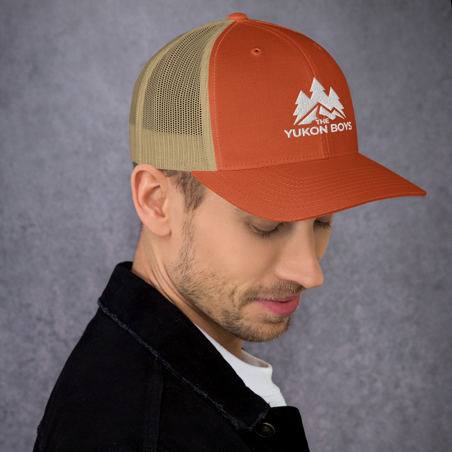 The Yukon Boys Trucker Cap in Rustic Orange Khaki, right side view