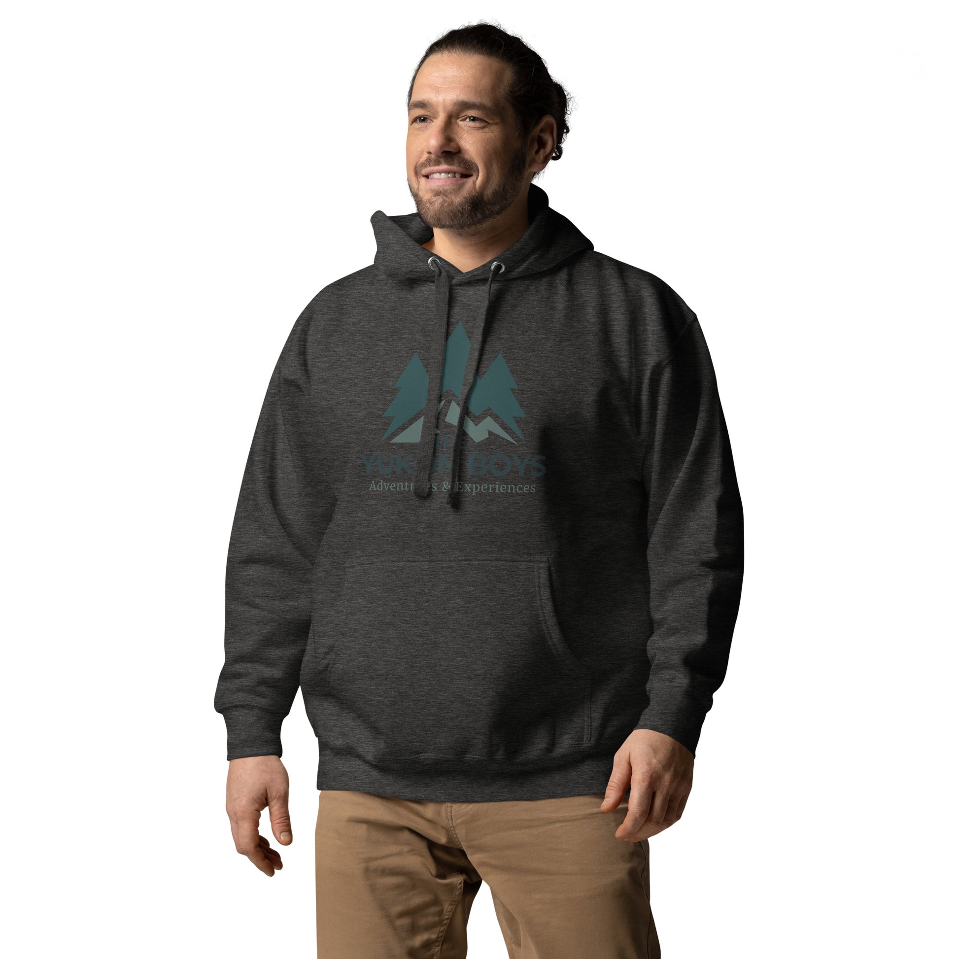 The Yukon Boys Hoodie in Charcoal Heather, left front view